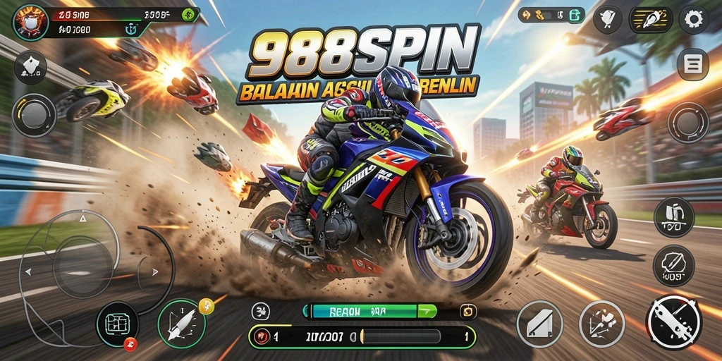 Screenshot dari gameplay 988SPIN yang menampilkan balapan motor yang cepat.