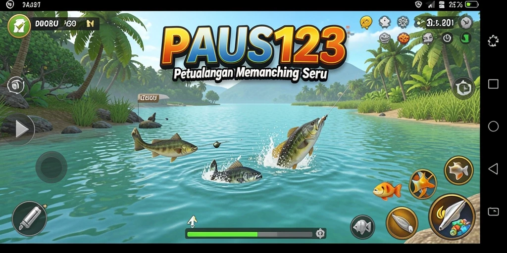 Screenshot utama PAUS123 menampilkan gameplay memancing yang seru.