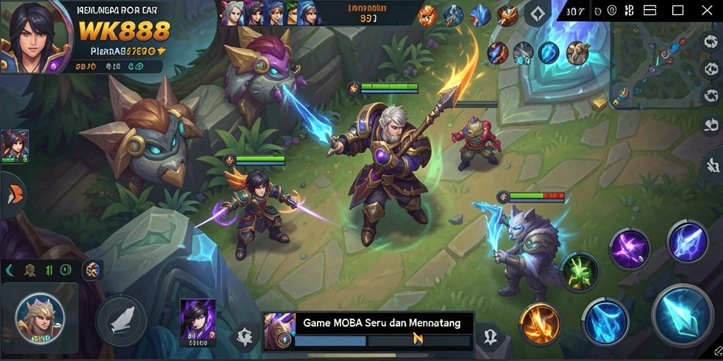 Tampilan gameplay seru dalam WK888 dengan aksi MOBA intens.